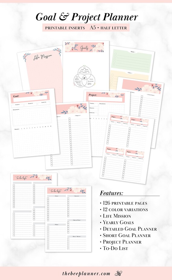 a5 half letter printable goal project planner productivity planner to do list goal tracker fits kikki k large filofax a5 paper project planner