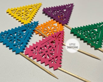 Papel Picado Cupcake Toppers , Fiesta Cupcake Toppers, Party Decorations, Mexican Party Decor, Spanish Party Decor, Mini Papel Picado