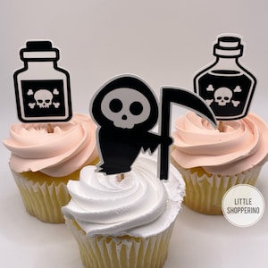 Grim Reaper Cupcake Toppers , Poison Cupcake Toppers, Dark Party Decorations, Goth Party Decor, Black Party Decor, Spooky Topper, Goth Party