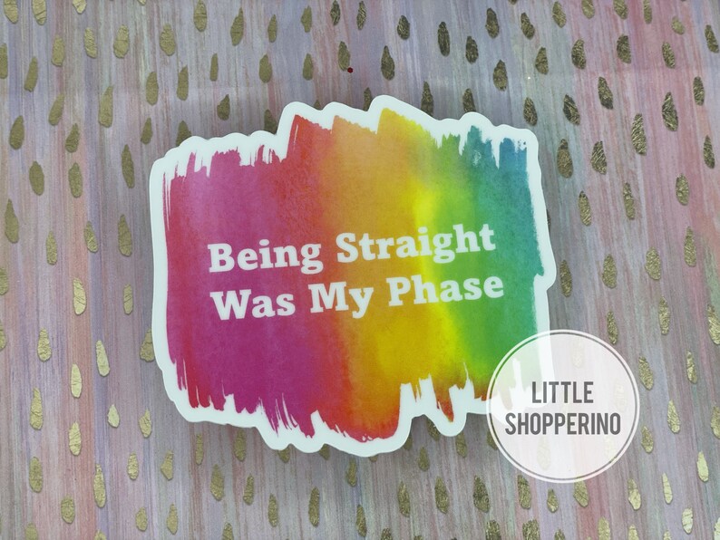 May include: A rainbow-colored sticker with the text "Being Straight Was My Phase" and the words "Little Shopperino" in a circle below.