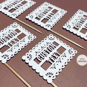 Aangepaste 2-regelige cupcaketoppers, Fiesta-cupcaketoppers, Papel Picado-cupcaketoppers, Spaans feestdecor, decor cakefeest, minitoppers