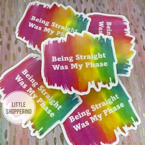 May include: Five rainbow-colored stickers with the text "Being Straight Was My Phase" in white. The stickers have a watercolor-like design and are arranged in a pile.