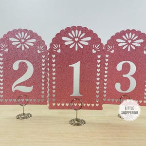 Heart Papel Picado Table Numbers, Mexican Inspired Decorations, Fiesta Decorations, Wedding Decorations, Latin Inspired , Glitter Cardstock