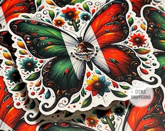 Mexico Butterfly Sticker,Mexican Flag Vinyl Sticker, Bright Flowers Sticker, Folkloric Sticker, Mexico Lindo y Querido, Spanish Sticker