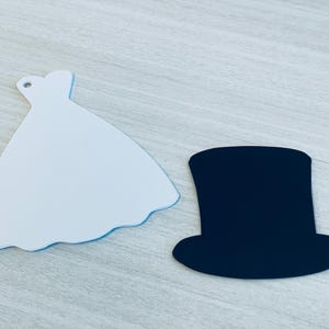 Etiquetas de boda en blanco, etiquetas de novia, etiquetas de obsequios de fiesta, etiquetas de regalo, decoraciones de fiesta, etiquetas de sombrero de copa, etiquetas de boda, despedida de soltera, decoración de soltero