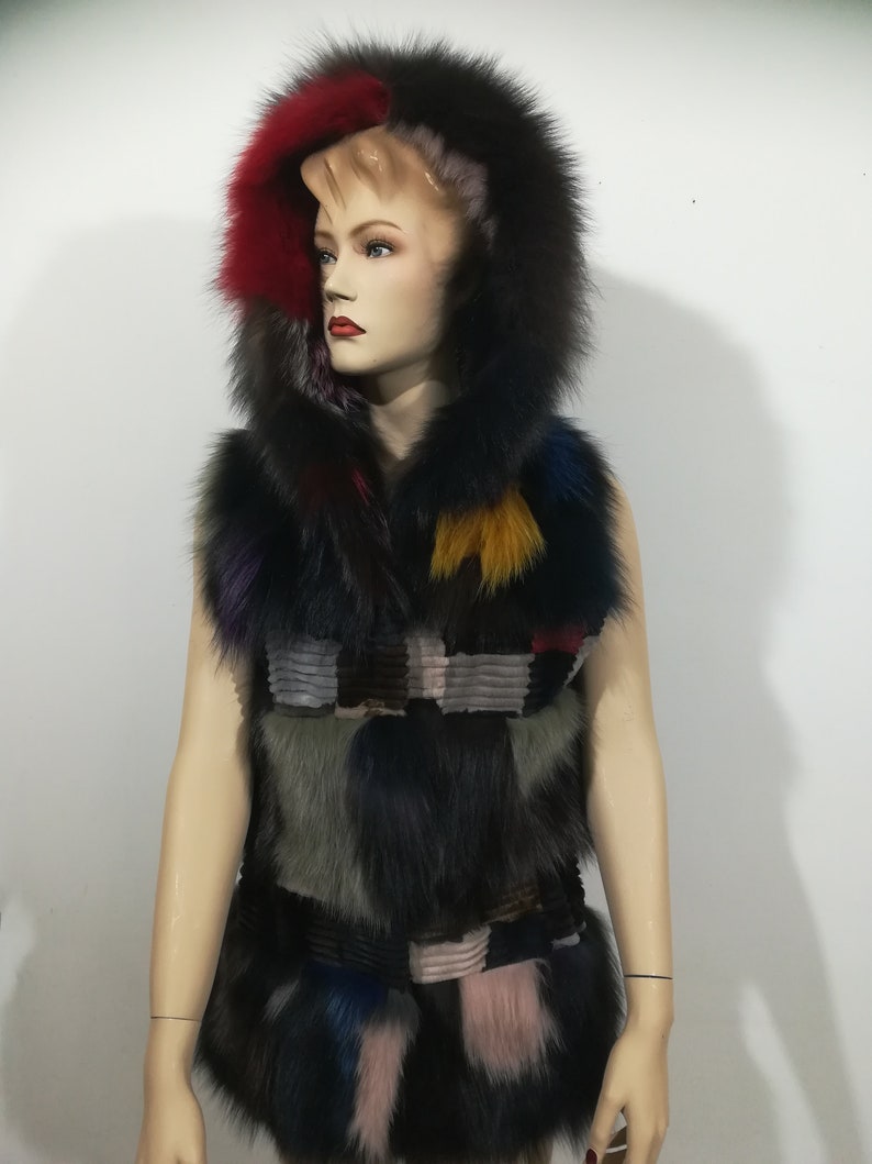 Fox vest Fur trendy vest Overcoat Cozy vest Real fur fox colourfull vest Patchwork