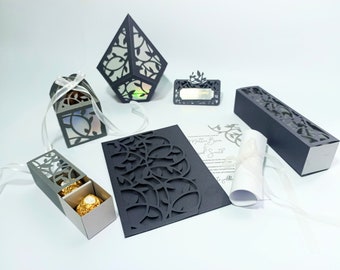 Set Leaf Vine Wedding Pocket Envelope Invitation | Candy Box | Invitation Box | Paper Lantern | Classic Gift Box | Table Place Card SVG