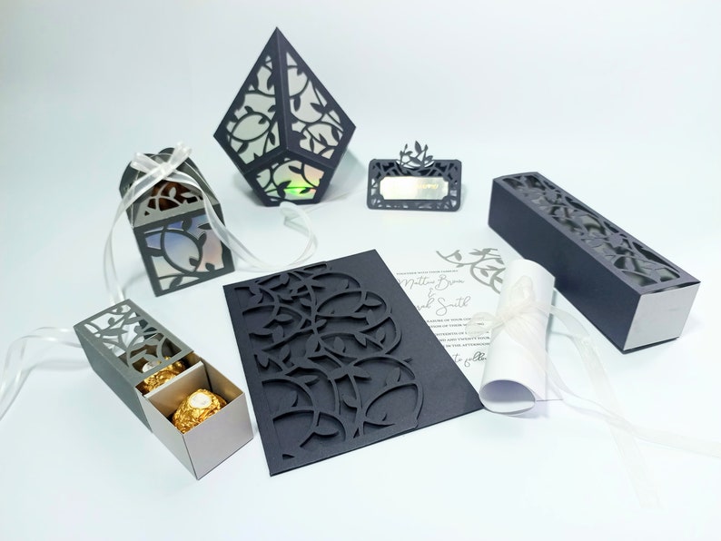 Set Leaf Vine Wedding Pocket Envelope Invitation Candy Box Invitation Box Paper Lantern Classic Gift Box Table Place Card SVG image 1
