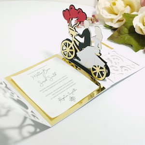 SVG Cricut JOY Mini Pop Up Wedding Bike Invitation Template Tri Fold Swirly Invitations Wedding SVG Cut File para Cricut Silhouette Cameo