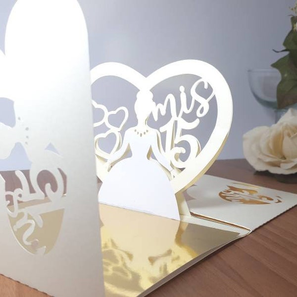 SVG Pop Up Quinceanera Invitations Tri Fold Template Cut File pour Cricut Envelope Card Cutting File Dxf Png Silhouette Cameo Laser Cut