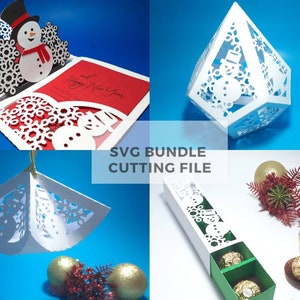 SVG Bundle Schneidedatei Schneemann Weihnachtsgrüße Karten Pop Up Candy Holder Box Weihnachtsschmuck Box Papier Laterne Vorlage Centerpiece