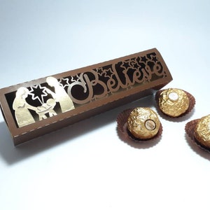 Boîte cadeau chocolatée avec scène de la Nativité SVG, fichiers découpés SVG, porte-bonbons, modèle Cricut, boîte à friandises de Noël DXF, boîte à bonbonnière de Noël