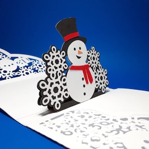 Cartes de vœux de Noël pop-up bonhomme de neige SVG, modèle à trois volets, fichier de découpe pour Cricut, fichier de découpe de carte enveloppe DXF PNG, silhouette découpée au laser