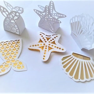6 modèles de boîtes à friandises SVG, enveloppes d'invitation sirène, cartes, coquillages, étoiles, mer, fichier de découpe Cricut DXF, silhouette découpée au laser