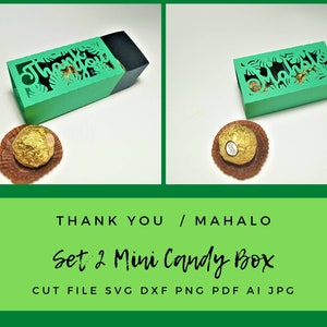 Lot de 2 fichiers de découpe SVG Merci Mahalo Mini boîtes à bonbons modèles Cricut boîte de chocolat laser Silohuette