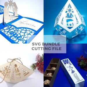 Arquivo de corte de pacote SVG Cartões de felicitações de presépio Caixa de porta-doces pop-up Caixa de enfeites de Natal Modelo de lanterna de papel Peça central