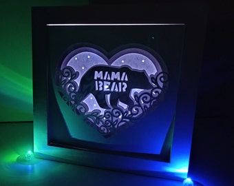 Shadow Box Svg 3D Layered Svg MAMA BEAR Paper Cut Light Box  Shadow Box Frame 8"x8" Included Cricut SVG Template Silohuette Laser Cut