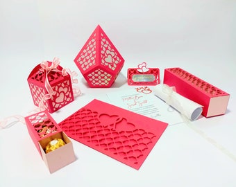 Set Heart Lace Wedding Pocket Envelope Invitation | Candy Box | Invitation Box | Paper Lantern | Classic Gift Box | Table Place Card SVG