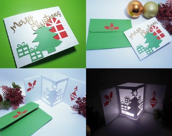 SVG Pop Up Christmas Card Template 3D Paper Lanter Tealight Card Box Cricut Template 3D Paper Craft Centerpiece cutting file DXF  DIY