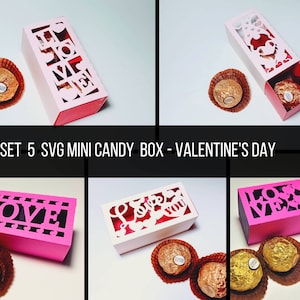 Lot de 5 fichiers de découpe SVG pour la Saint-Valentin, mini boîtes à bonbons, modèles Cricut, boîte de chocolat laser Silohuette