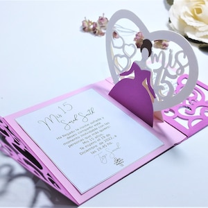 SVG Cricut JOY Mini Pop Up Quinceanera Invitation Template Tri Fold Swirly Invitations Princess 15th SVG Cut File Cricut Silhouette Cameo