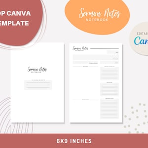 Può includere: Un modello di appunti per sermoni stampabile per un taccuino di 6x9 pollici. Il modello include sezioni per i dettagli del sermone, i punti principali e note aggiuntive. Il modello è modificabile su Canva.