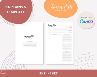 CANVA Sermon Notes Notebook | Kdp template | 6x9 inches | Editable in Canva | Printable | Commercial License