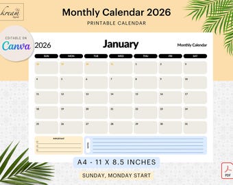 Kalendervorlage 2026 (Canva) | A4 – US Letter | Start: Sonntag & Montag | Druckbarer Monatsplaner | Minimalistisches Design (PDF)