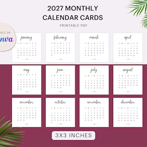 Può includere: Un set di schede calendario mensile 2027 in formato PDF stampabile, ciascuna di 7,62 cm per 7,62 cm. Le schede presentano testo nero su sfondo bianco con i mesi da gennaio a dicembre in carattere corsivo sopra le griglie numeriche.
