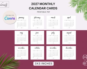 3x3 Monthly Calendar Cards 2027, KDP Planner Insert, Editable Canva Template, Monday Sunday Start