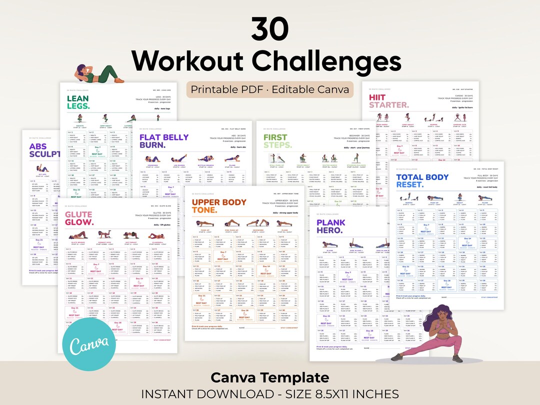 30 Day Workout Challenge Bundle Printable PDF Canva Template Instant ...