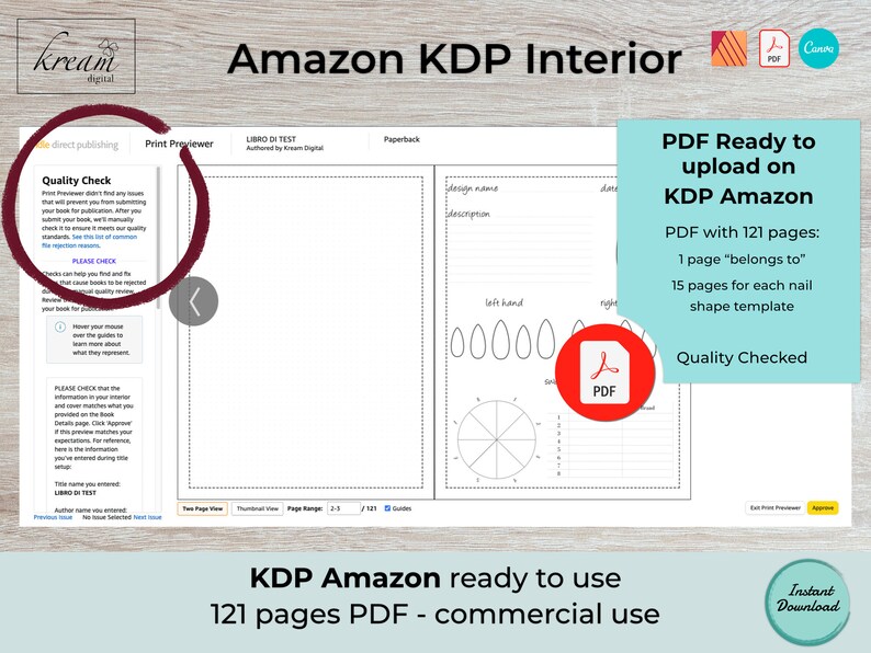 May include: A black and white printable PDF template for nail art designs. The template includes a "belongs to" page and 15 pages for each nail shape. The PDF is ready to upload to KDP Amazon for commercial use.