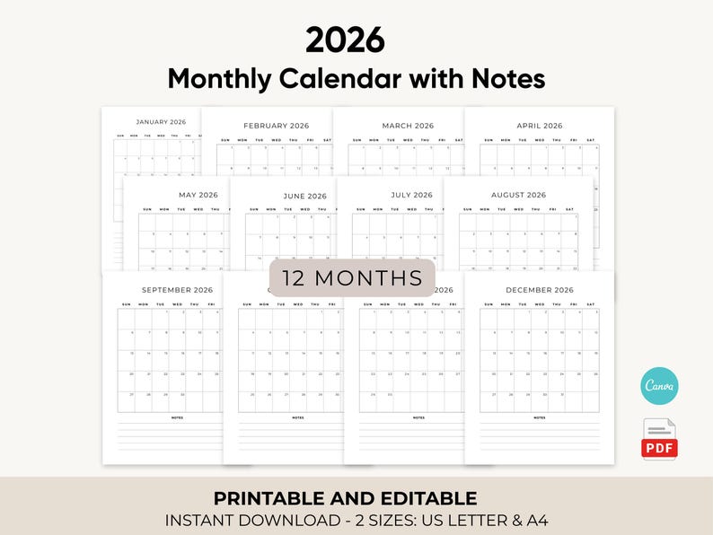 2026 Monthly Calendar Canva Template | A4 Letter Size Printable Planner ...