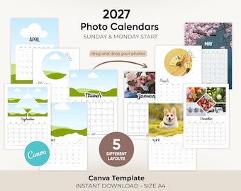 2027 Photo Calendar Canva Template, 5x7 Landscape, Sunday Monday Start, Printable