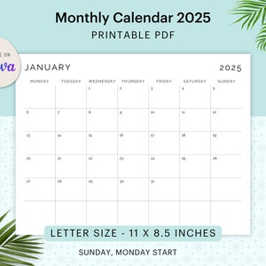 Plantillas mensuales CANVA 2025 | Año 2025 | Inicio domingo y lunes | PDF imprimible | Tamaño carta | Licencia comercial