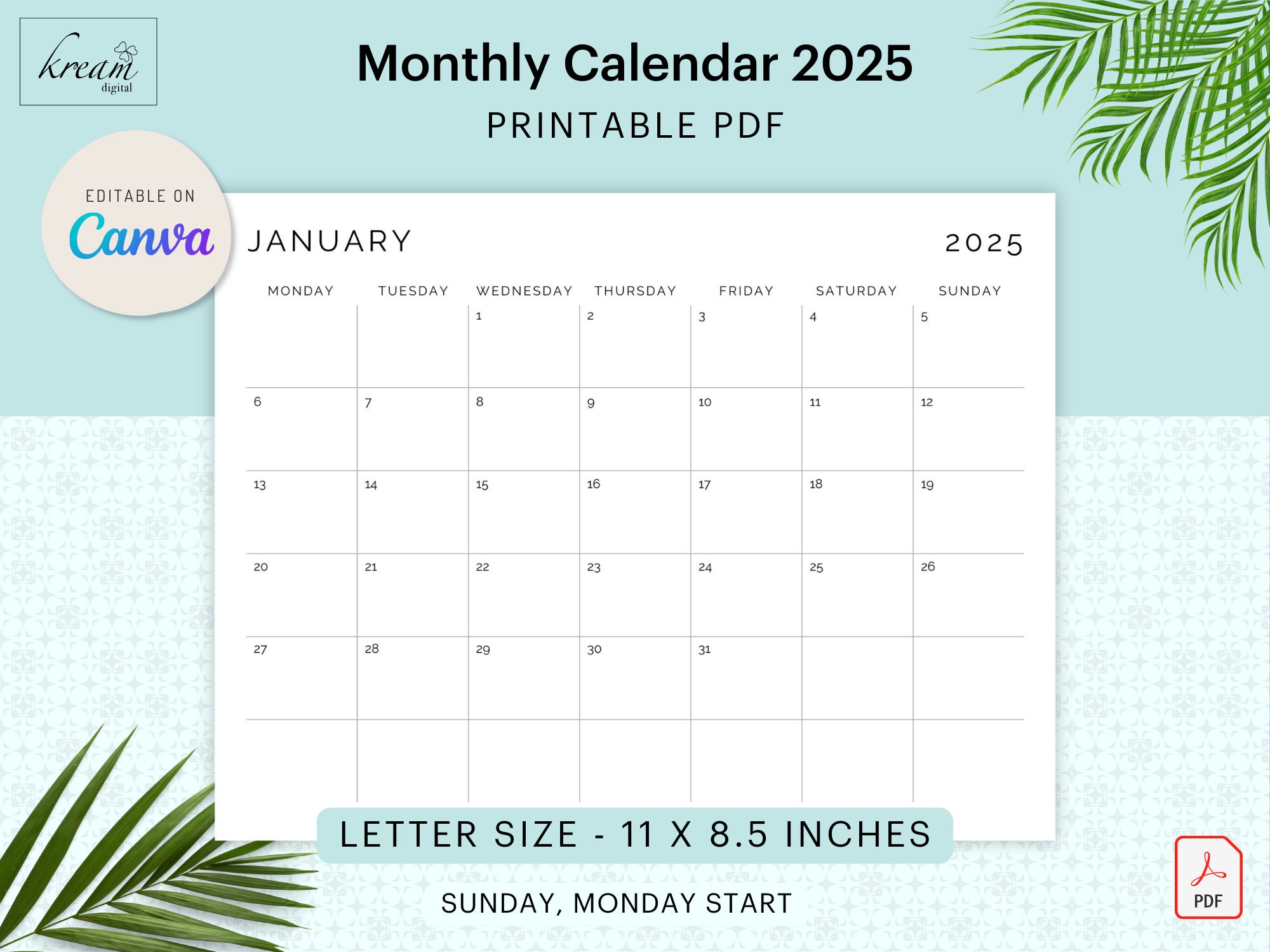 Canva 2025 monthly templates year 2025 sunday and monday start printable  pdf letter size commercial licence - etsy