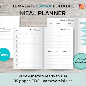 May include: A printable meal planner template for Canva. The template includes sections for meal planning, grocery lists, and favorite recipes. The template is available in three sizes: 6x9 inches, 8x10 inches, and 8.5x11 inches. The template is available for instant download and is ready to use for commercial purposes.