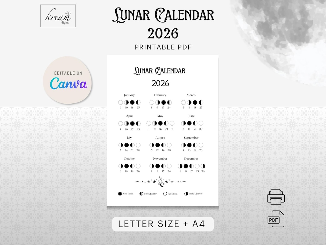Lunar Calendar 2026 Printable - Moon Phases Calendar | Single Page A4 ...