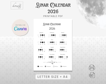 Lunar Calendar 2026 Printable - Moon Phases Calendar | Single Page A4 & Letter PDF + Canva Editable Templates | Instant Download