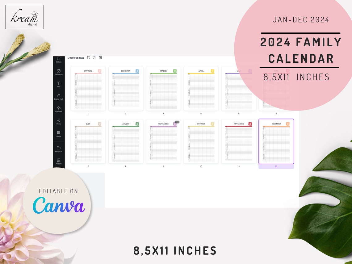 Monthly Family Calendar 2024, Canva Editable, Printable, Letter Size, 4 ...