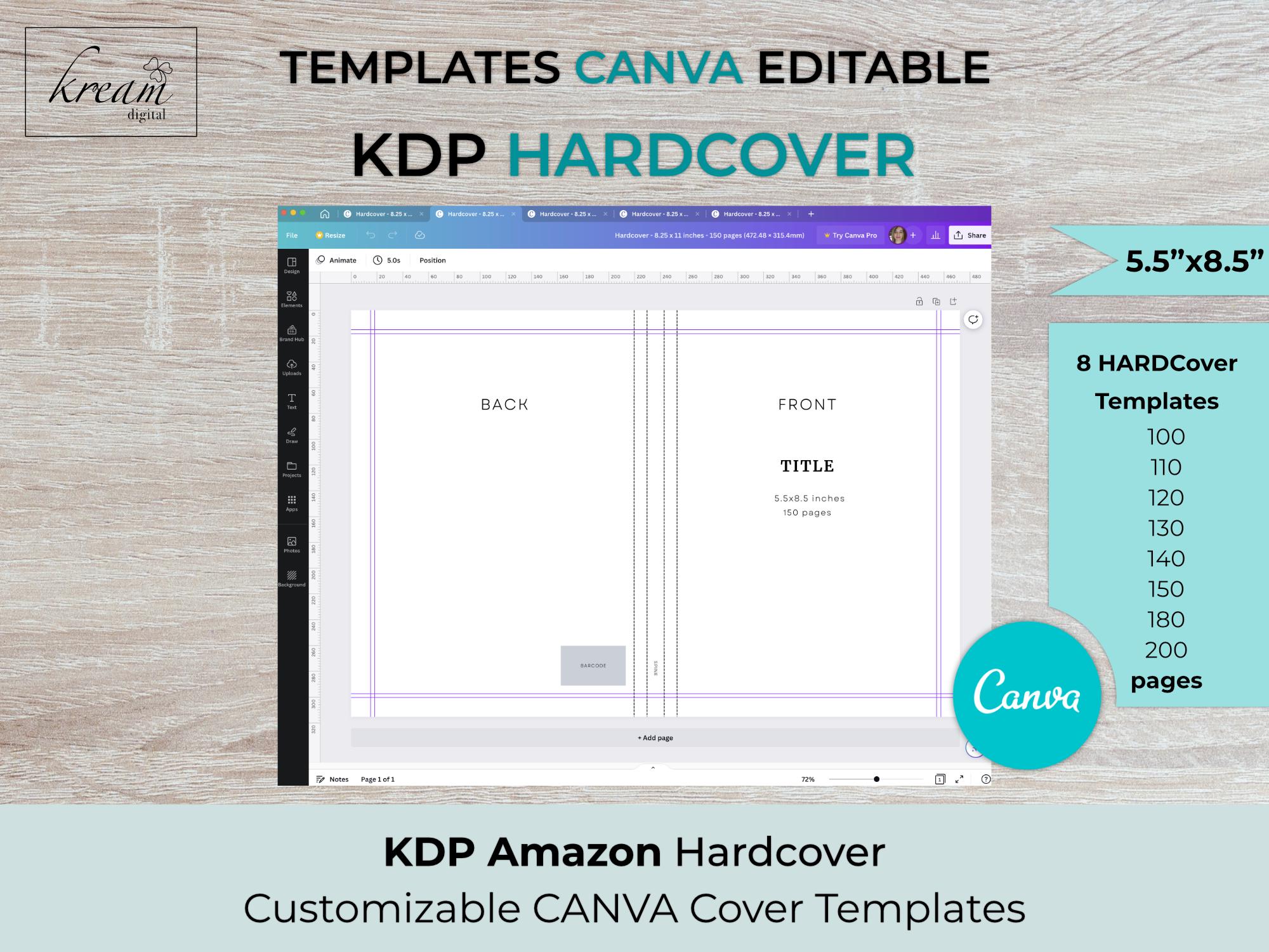 Plantillas CANVA KDP de 5.5 x 8.5 pulgadas para tapa dura, con capacidad para 100, 110, 120, 130, 140, 150, 180 y 200 páginas, listas para editar.