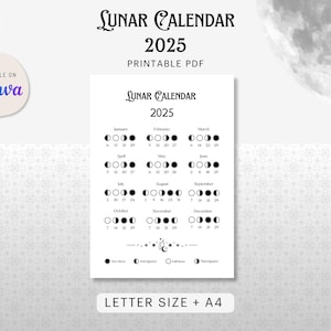 Lunar Calendar 2025 Printable - Moon Phases Calendar | Single Page A4 & Letter PDF + Canva Editable Templates | Instant Download