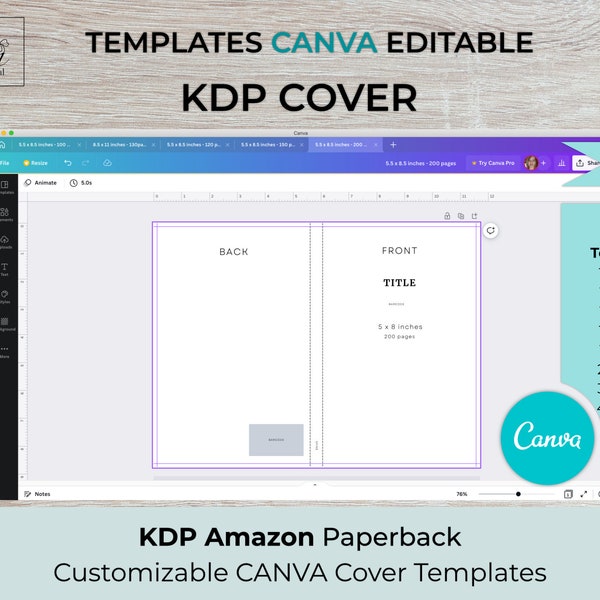 CANVA KDP Cover Templates 5x8 inches for 100, 120, 130, 140, 150, 200, 300, 400 pages | ready to edit