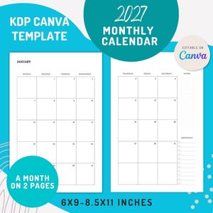 2027 Monthly Calendar Canva Template, Editable Two-Page Spread for KDP