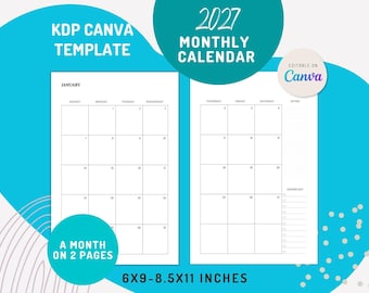 2027 Monthly Calendar Canva Template — 2-Page Spread, 6x9 & 8.5x11