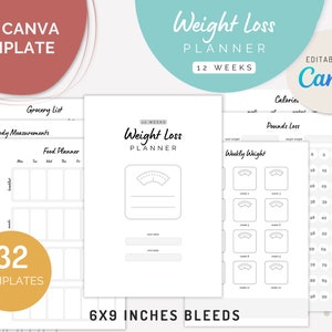 Può includere: Un modello di planner per la perdita di peso stampabile per Canva. Il modello include sezioni per tenere traccia delle misure del corpo, della pianificazione alimentare, del peso settimanale, delle calorie e delle libbre perse. Il modello è progettato per 12 settimane e include 32 pagine. Il modello è di 15,24 x 22,86 cm con sangramento.