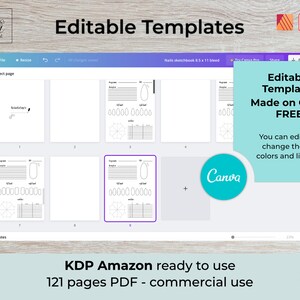 May include: A screenshot of a Canva design template for a nail sketchbook. The template is divided into sections with different layouts for nail art designs. The text "Editable Templates Made on Canva FREE" is displayed in a blue box. The text "You can edit texts, change the font, colors and line style" is displayed below the blue box.