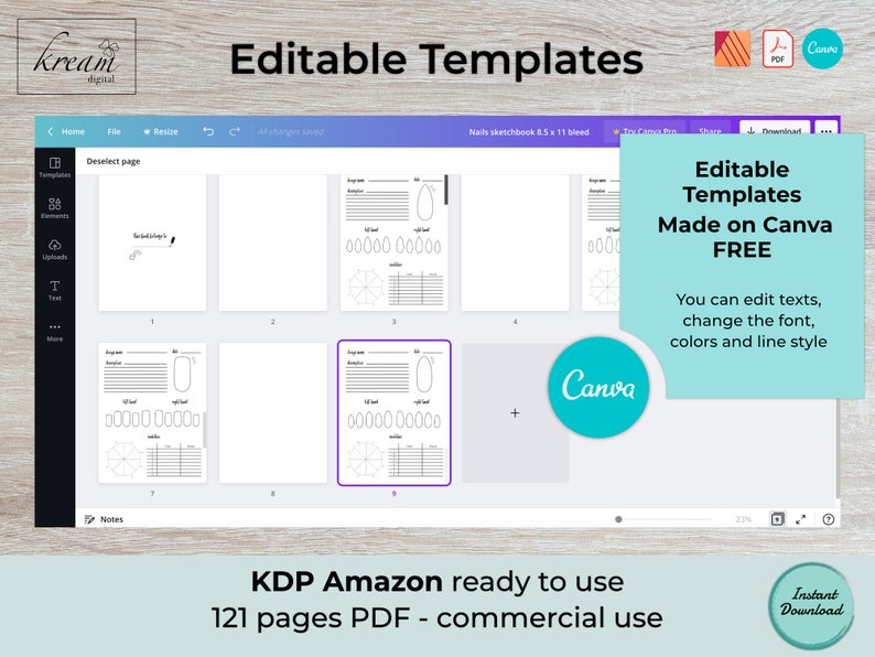 May include: A screenshot of a Canva design template for a nail sketchbook. The template is divided into sections with different layouts for nail art designs. The text "Editable Templates Made on Canva FREE" is displayed in a blue box. The text "You can edit texts, change the font, colors and line style" is displayed below the blue box.