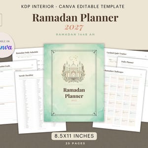 Könnte beinhalten: Eine digitale Ramadan-Planer 2027 Vorlage für Canva, 8,5x11 Zoll groß mit 25 Seiten. Das Cover zeigt eine Moschee-Illustration, Mond und Sterne auf hellgrünem Hintergrund. Enthält Innenseiten für Ziele, Zeitpläne und Checklisten für den Alltag.