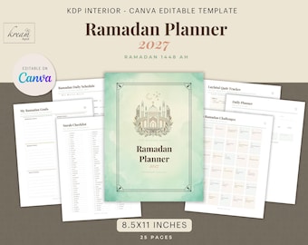 Ramadan Planner 2027 PDF Printable, Canva Template KDP Interior, Islamic Prayer Tracker Quran Journal, 25 Pages Instant Download